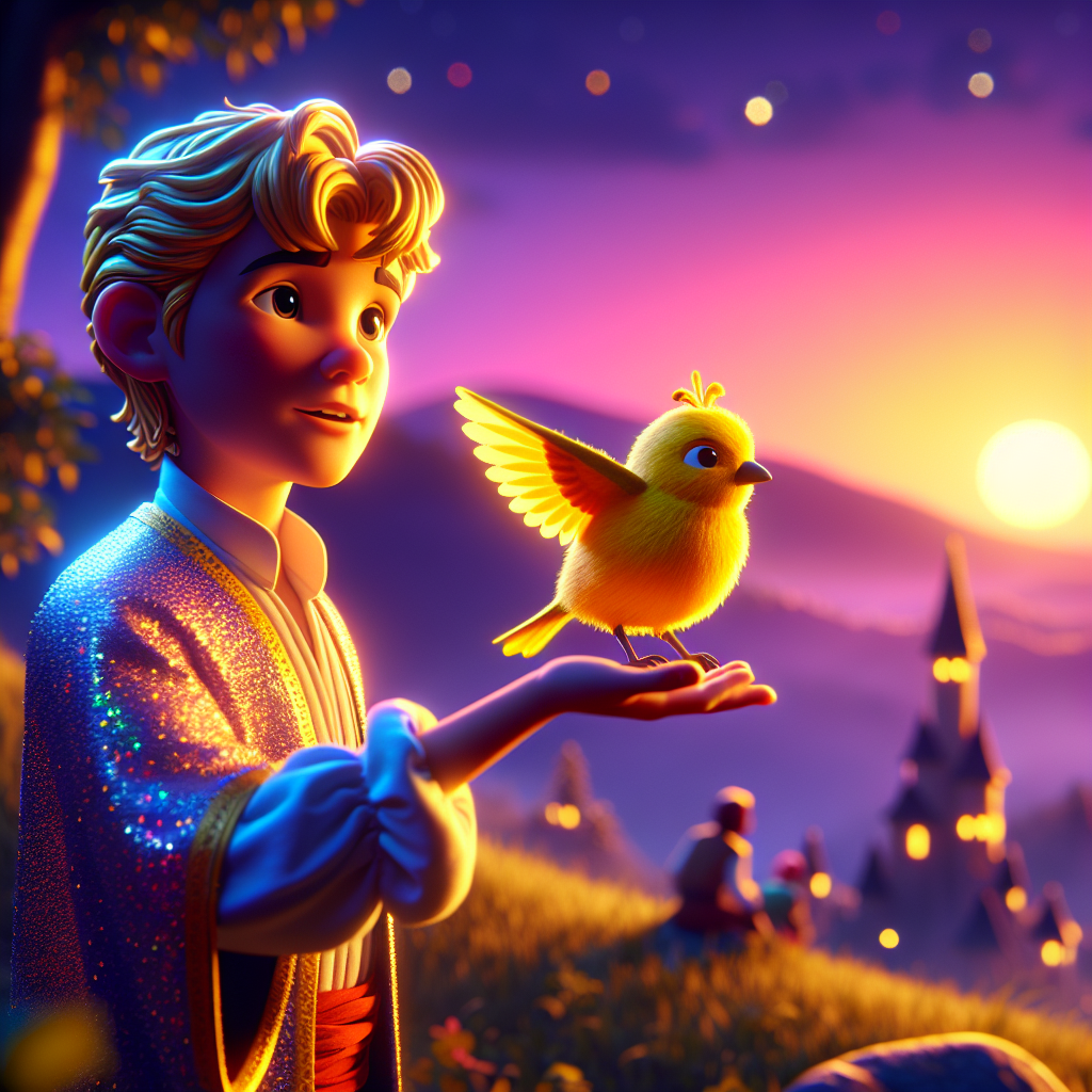 3D render, Pixar-style: The Prince with his golden hair and glistening robe, …