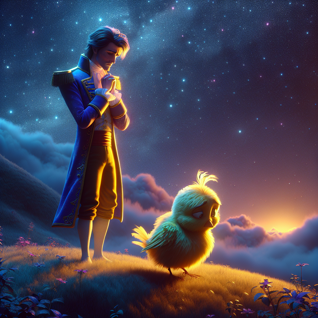 3D render, Pixar-style: The Prince looking pensive and Tilly returning with r…