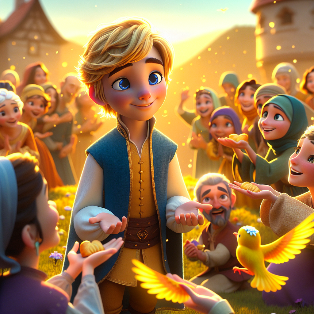 3D render, Pixar-style: The Prince with his golden hair and sapphire eyes, su…
