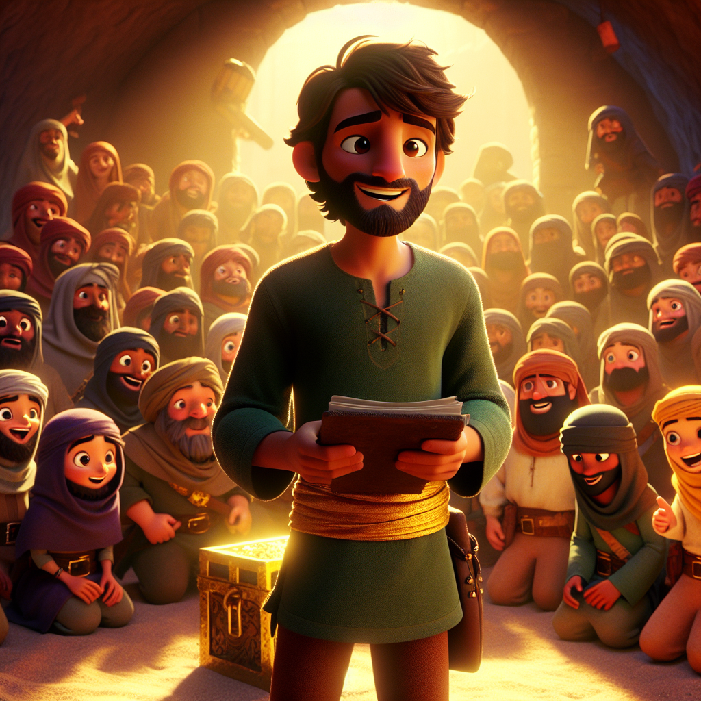 3D render, Pixar-style: Samir, with brown hair and a beard, wearing a green t…