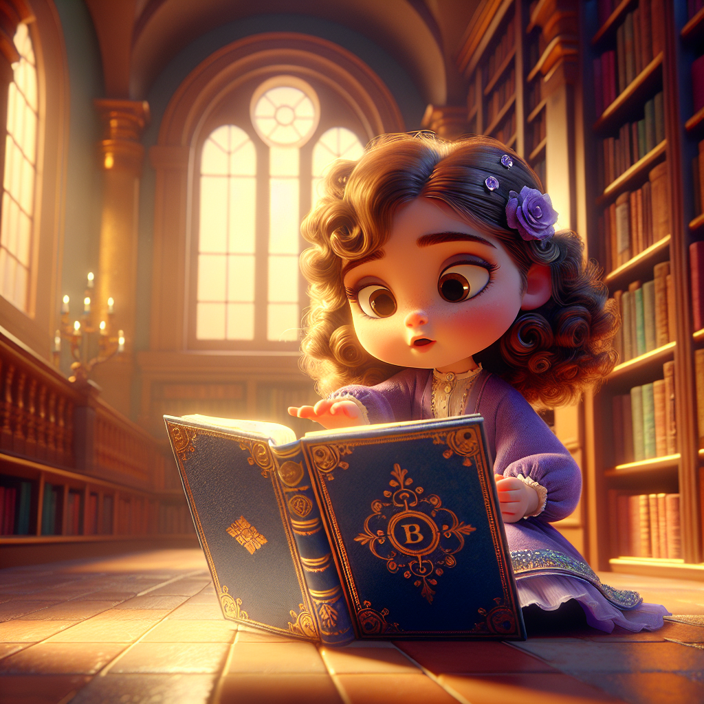 3D render, Pixar-style: Lila with her curly brown hair and purple dress liste…