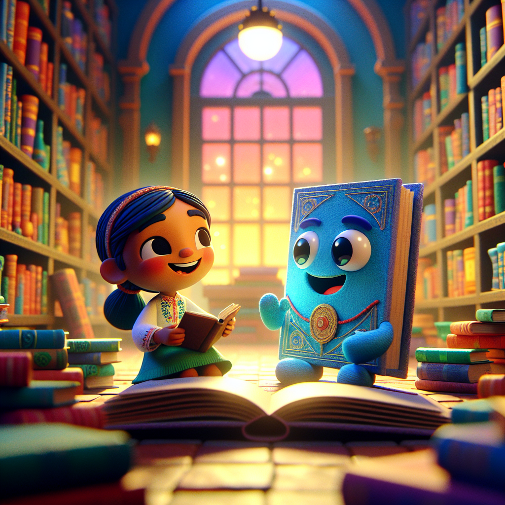3D render, Pixar-style: Lila joyfully sharing her story with the friendly blu…