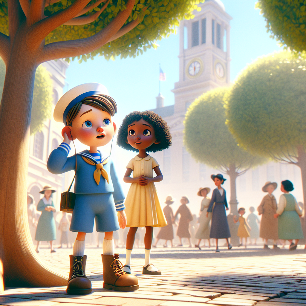 3D render, Pixar-style: Finn with short brown hair, wearing a blue sailor out…