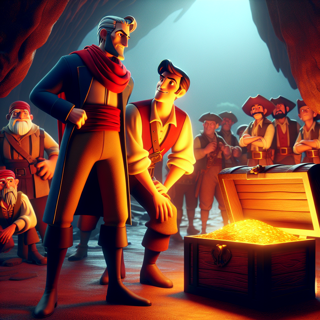 3D render, Pixar-style: The Bandit Chief, tall and wearing a red scarf and bl…