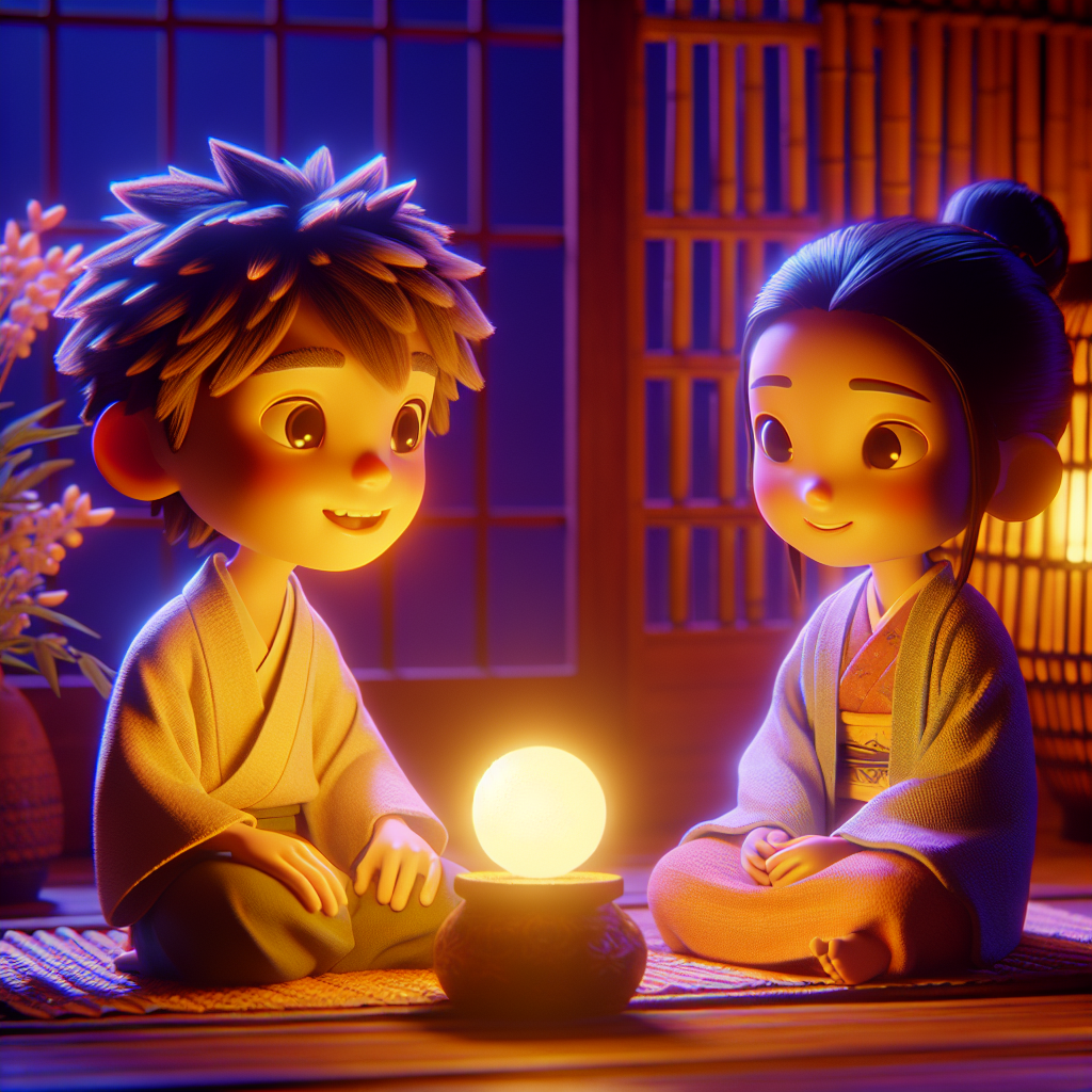 3D render, Pixar-style: Kira, glowing with a soft light, sitting with Hiro, w…