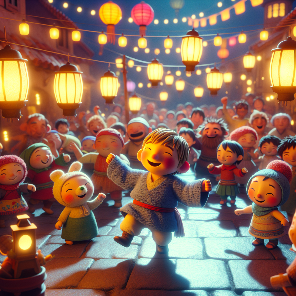 3D render, Pixar-style: Kira joyfully dancing at a colorful village festival,…