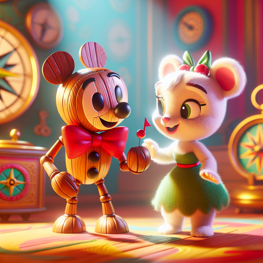 3D render, Pixar-style: Pinny with a wooden body and shiny red bow tie braggi…