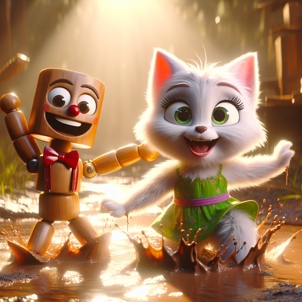 3D render, Pixar-style: Pinny with a wooden body and shiny red bow tie and Be…