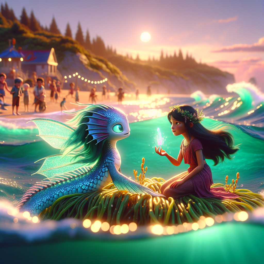 3D render, Pixar-style: Lyra with shimmering scales, meeting Seraphine, the s…