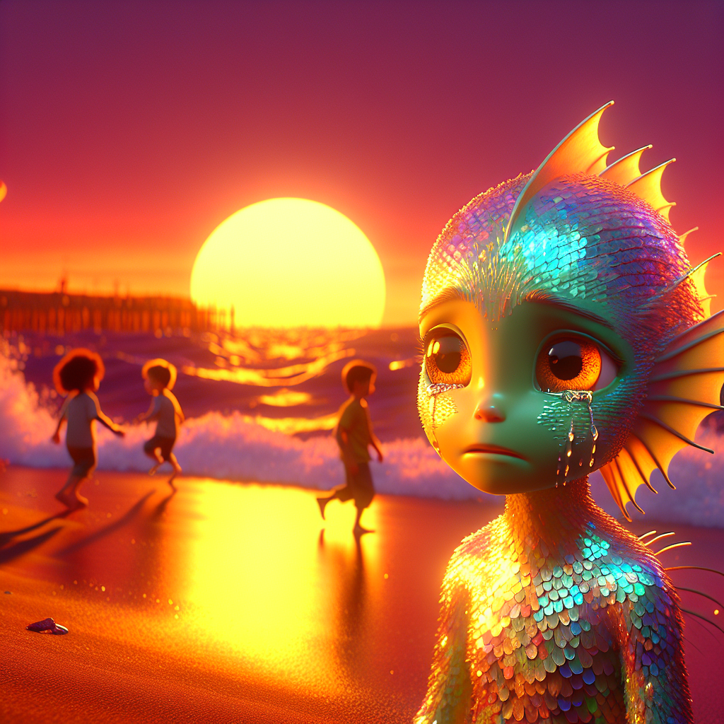 3D render, Pixar-style: Lyra with shimmering scales, feeling isolated on the …
