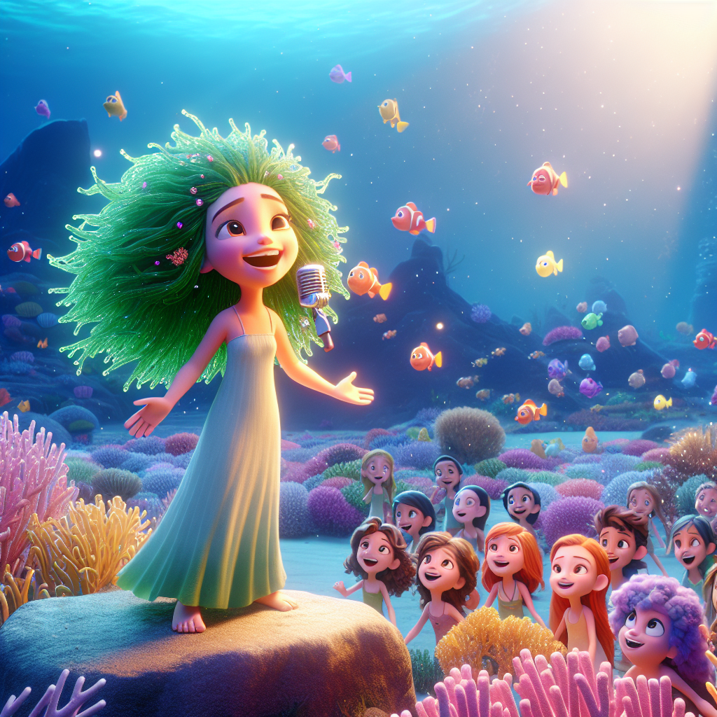 3D render, Pixar-style: Lyra with long sun-kissed seaweed hair joyfully singi…