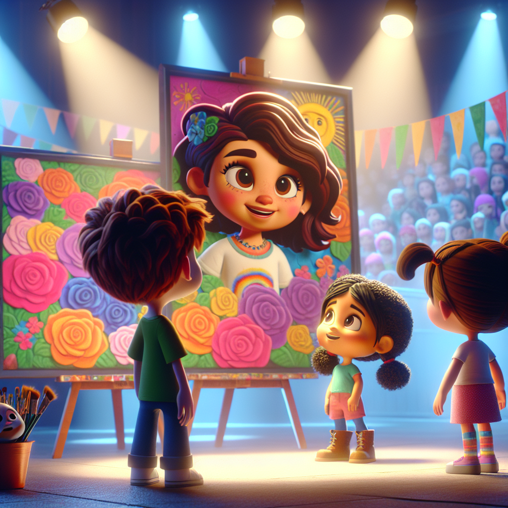 3D render, Pixar-style: Clara standing next to her vibrant mural at the art s…