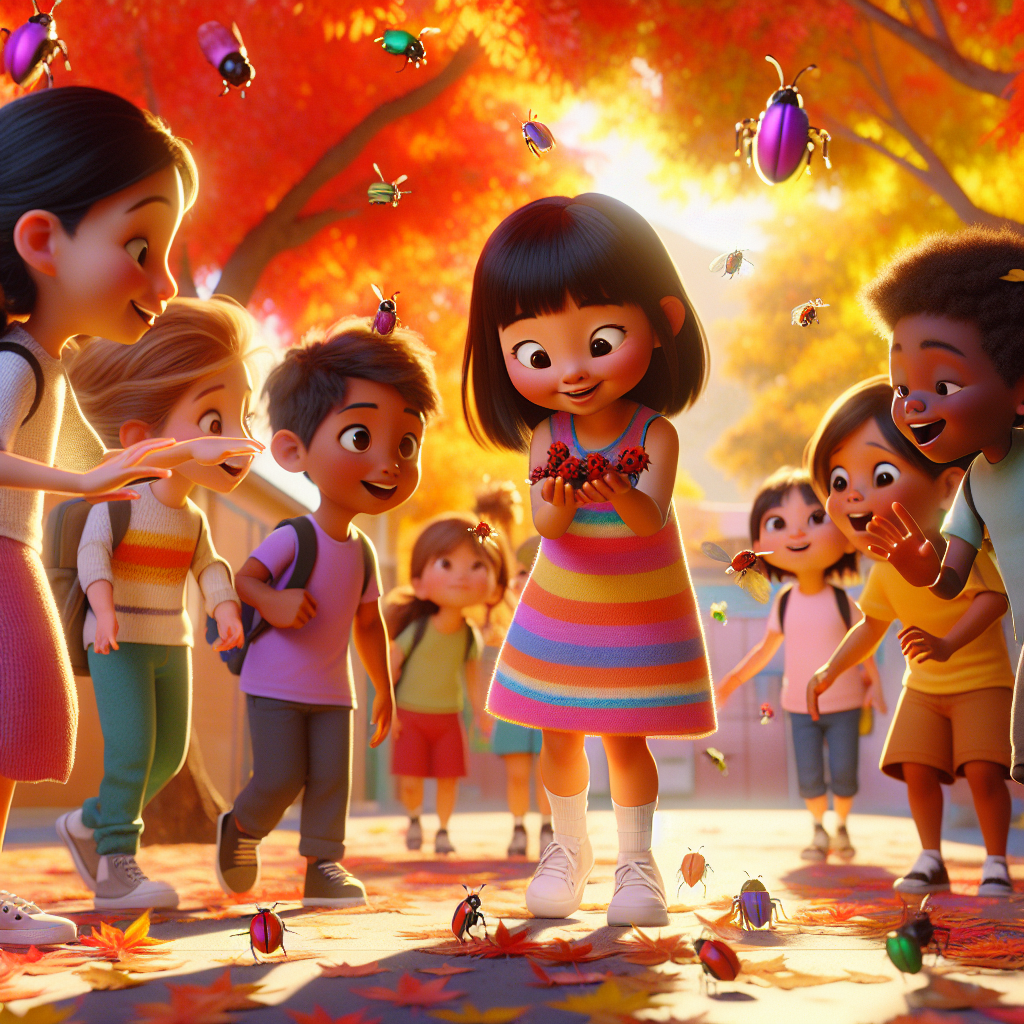 3D render, Pixar-style: Clara and her classmates exploring the schoolyard tog…