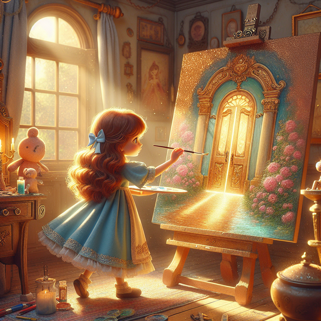 3D render, Pixar-style: Mira with her soft blue dress and long wavy chestnut …