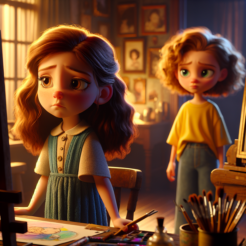 3D render, Pixar-style: Mira with her long wavy chestnut hair and blue dress,…