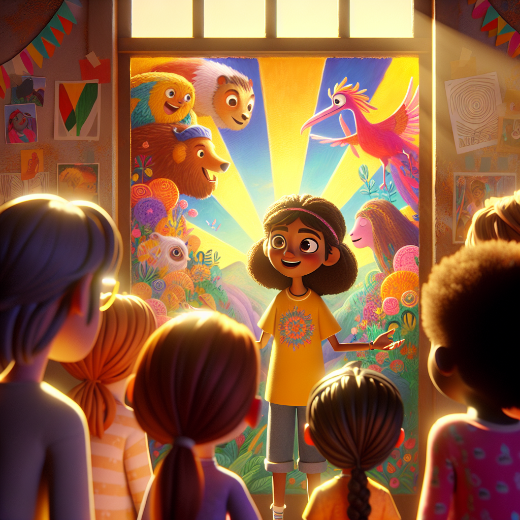 3D render, Pixar-style: Mira unveiling her colorful mural to a group of amaze…