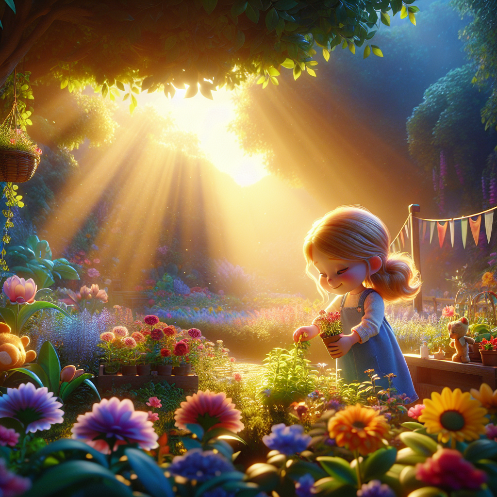 3D render, Pixar-style: Elara with golden hair and a light blue dress joyfull…