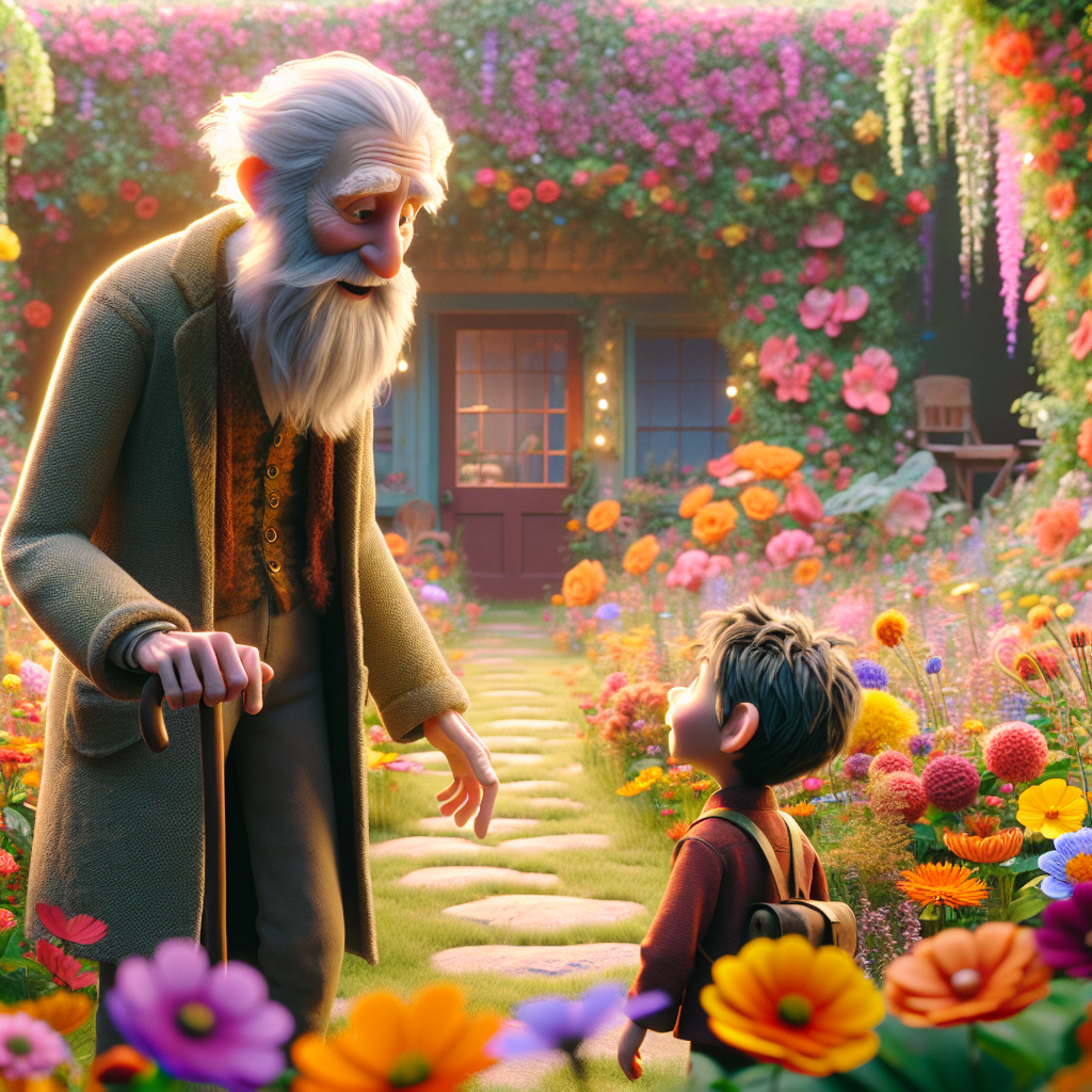 3D render, Pixar-style: Mr. Alaric with a frail figure and grey beard standin…