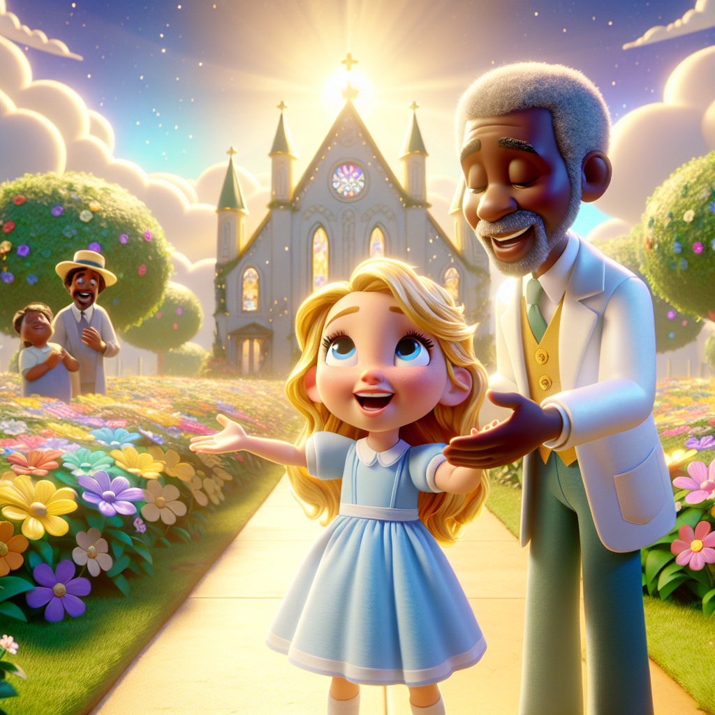 3D render, Pixar-style: Elara with golden hair and a light blue dress standin…