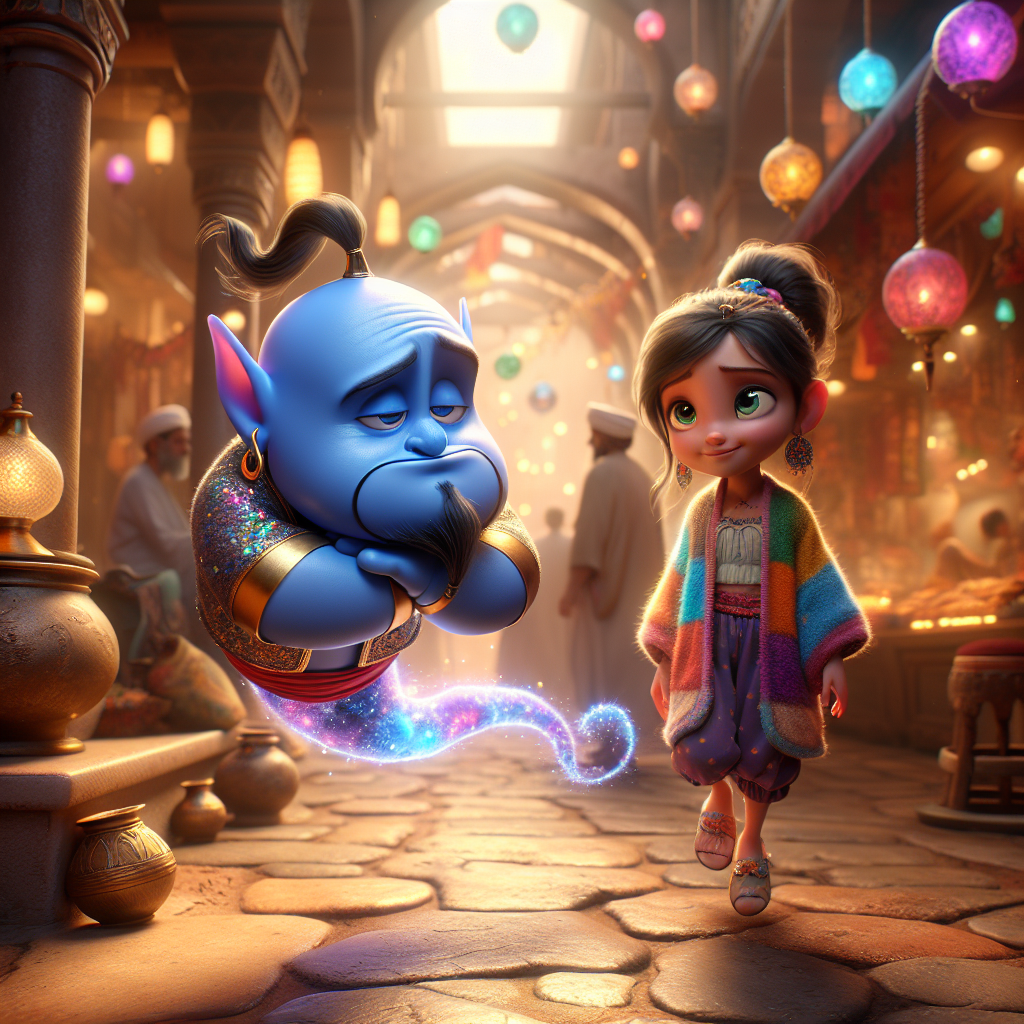3D render, Pixar-style: Nabil, the tiny exhausted genie in a floppy blue hat …
