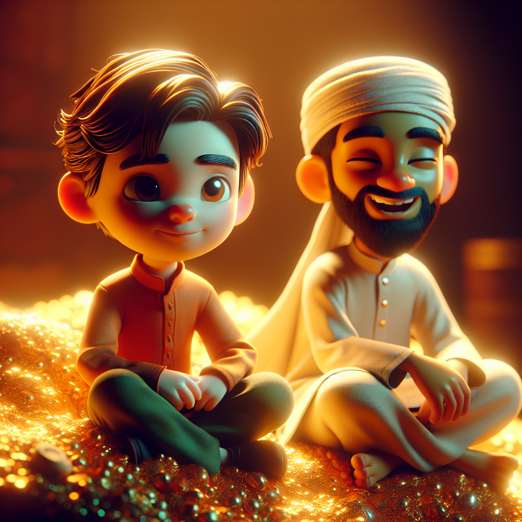 3D render, Pixar-style: Zara sitting on a pile of gold with a reflective expr…