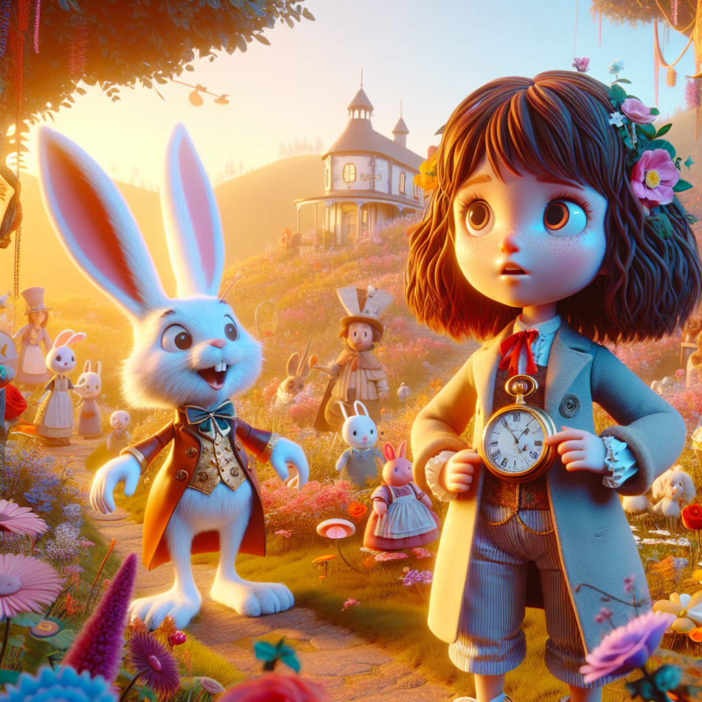 3D render, Pixar-style: Lila standing excitedly before The White Rabbit, who …
