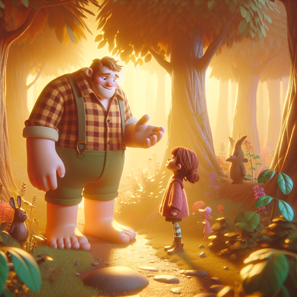 3D render, Pixar-style: Lila talking to The Giant, who has a gentle smile and…