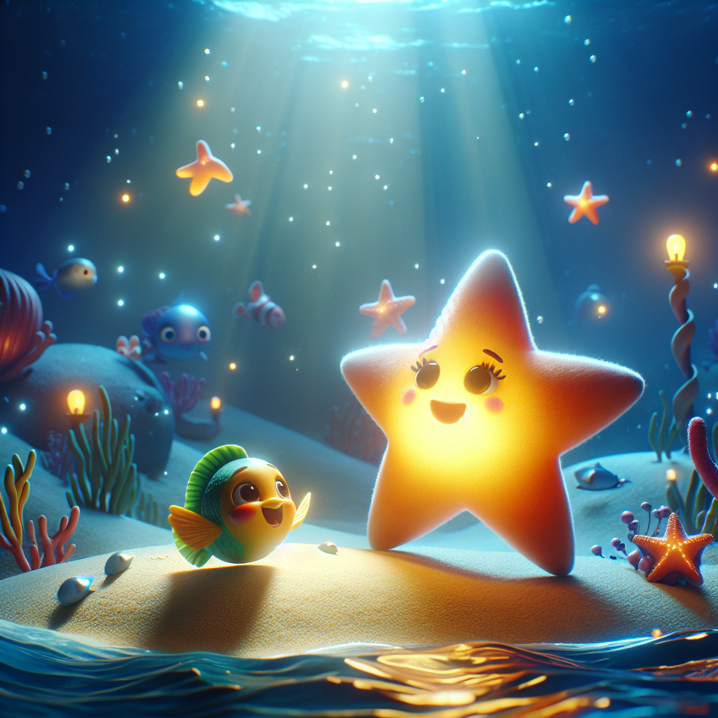 3D render, Pixar-style: Starlina, shining brightly, lighting up the ocean as …