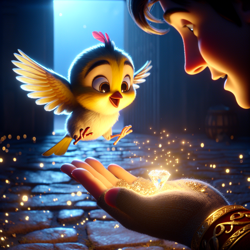 3D render, Pixar-style: Pip, a small sparrow with bright yellow feathers and …