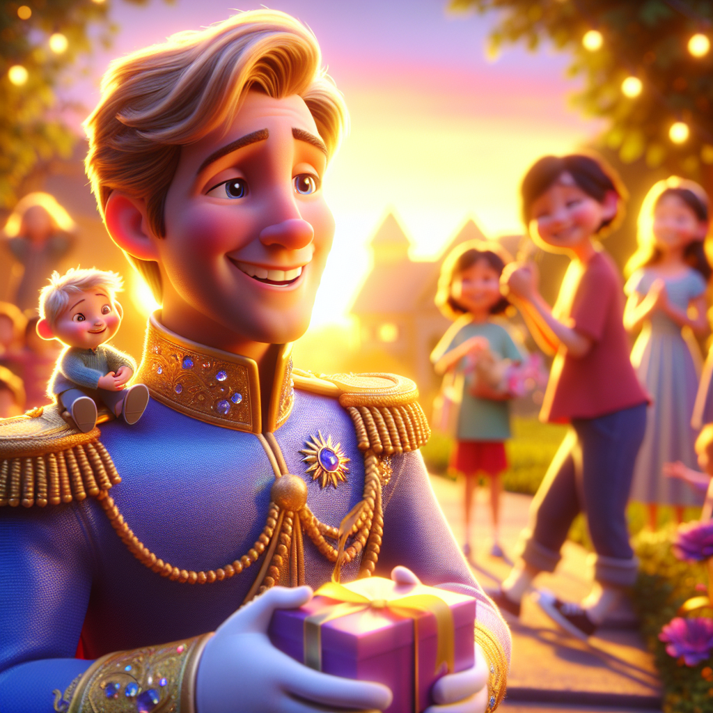 3D render, Pixar-style: Prince Aurelius, now with fewer gems, smiling joyousl…