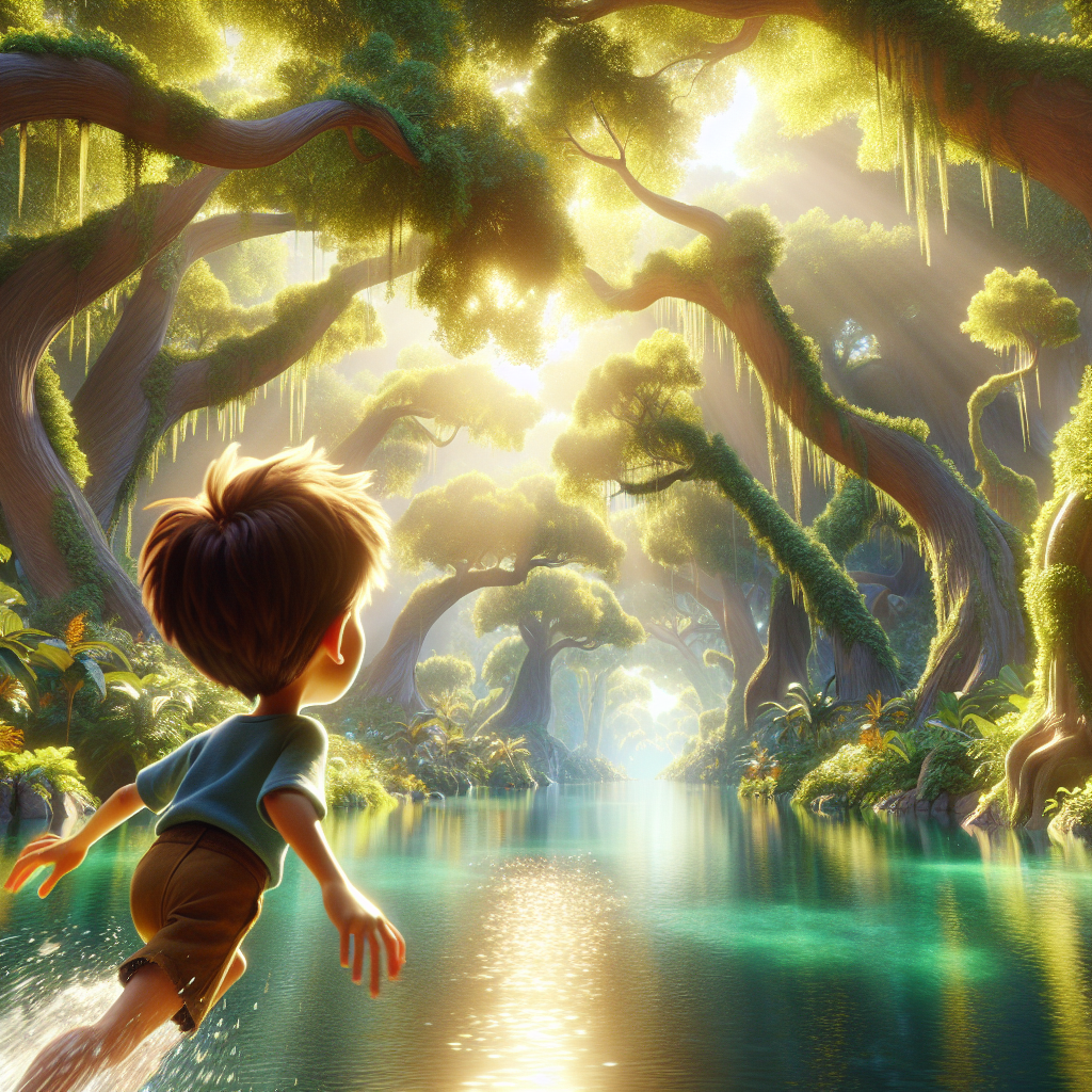 3D render, Pixar-style: Jamil with chestnut hair and bright blue eyes, diving…