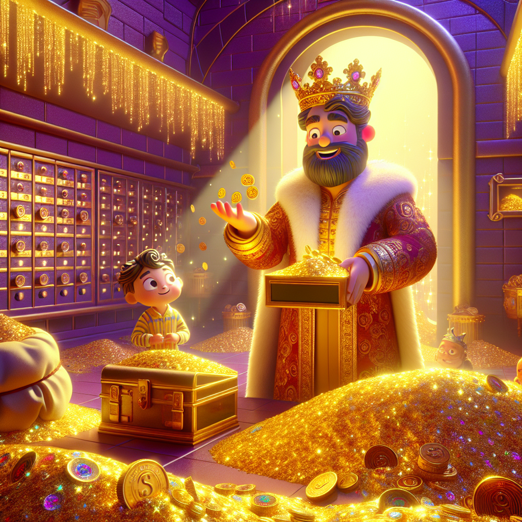 3D render, Pixar-style: The Wealthy King with a golden crown and fancy robe c…