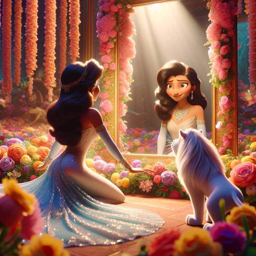 3D render, Pixar-style: The Beautiful Lady in a long flowing dress and sparkl…