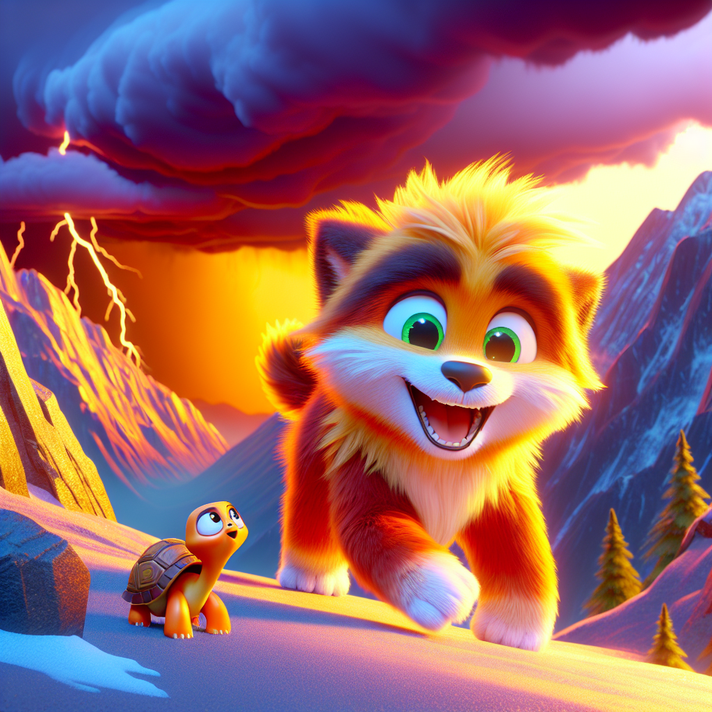 3D render, Pixar-style: Miko, with golden fur and bright green eyes, standing…