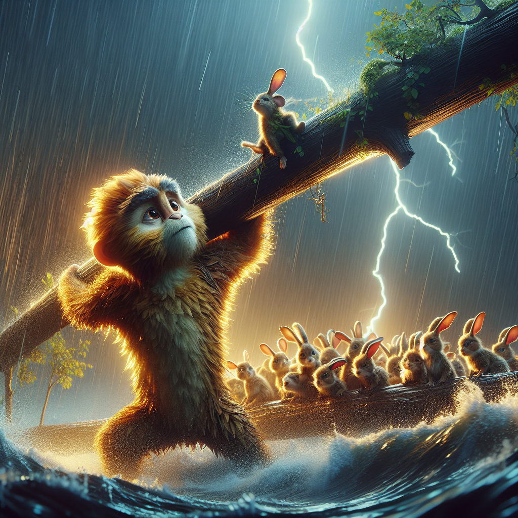 3D render, Pixar-style: Miko, the golden-furred monkey, lifting a fallen tree…