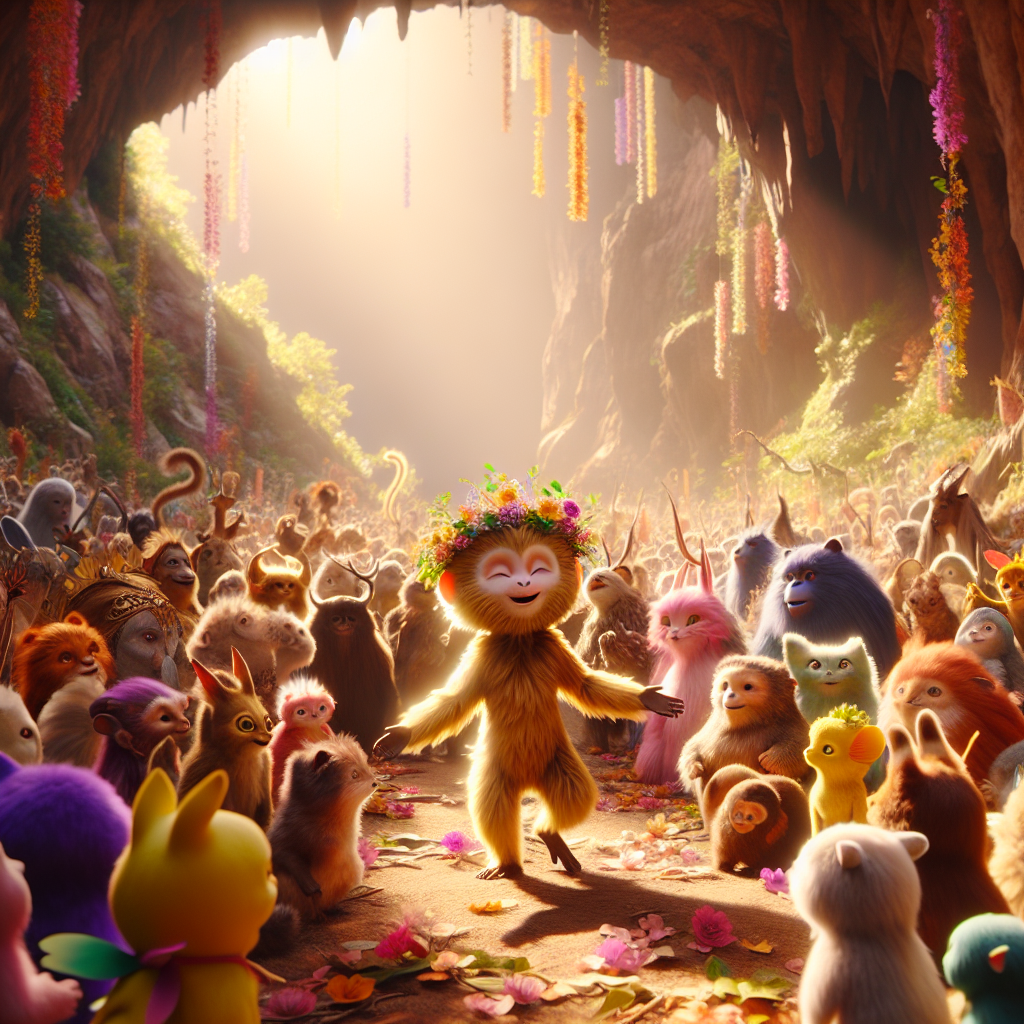 3D render, Pixar-style: Miko, the golden-furred monkey now with a crown of fl…