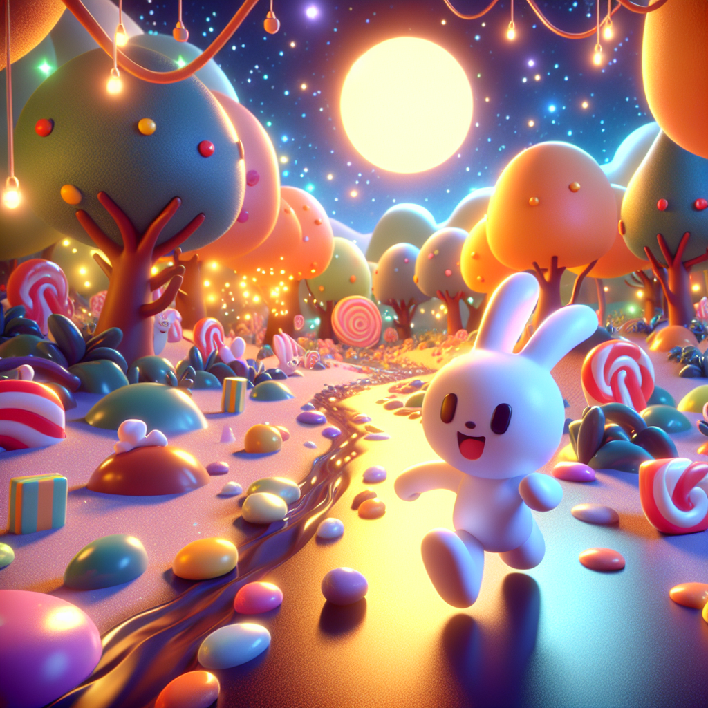 3D render, Pixar-style: Logic chasing a marshmallow bunny in a fantastical ga…