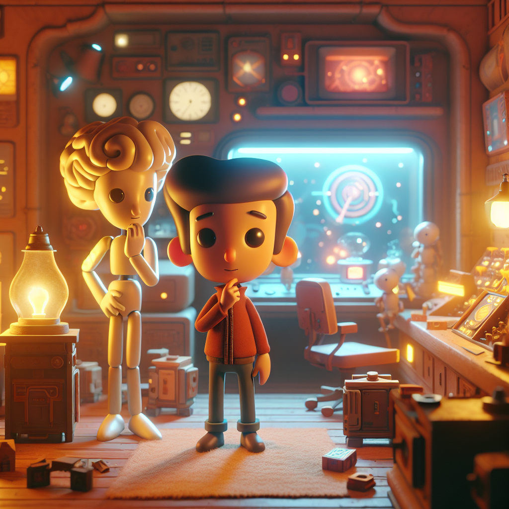 3D render, Pixar-style: Logic and Clarity in a quiet moment, with Logic looki…