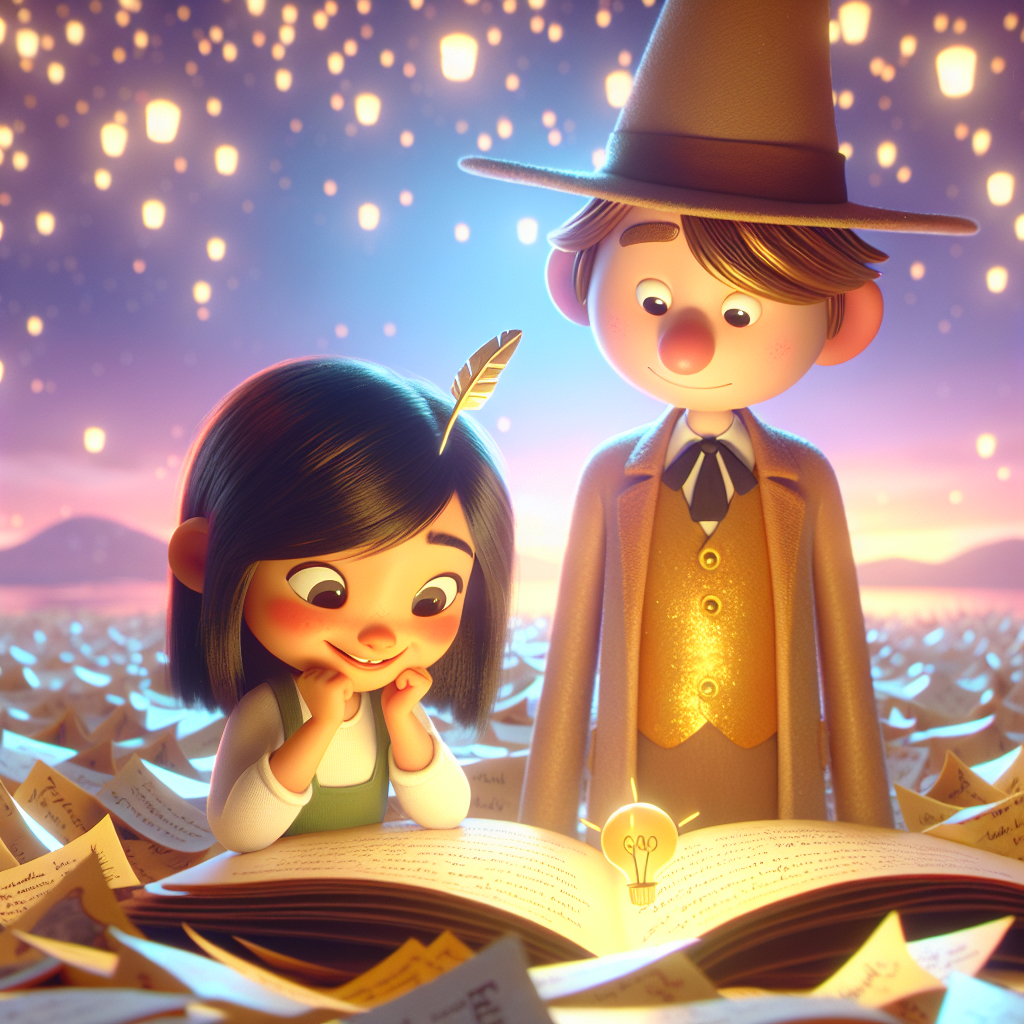 3D render, Pixar-style: Lila solving her first riddle with Felix, the tall ma…