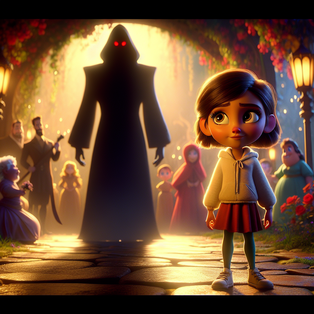 3D render, Pixar-style: Lila standing before the shadowy figure in a breathta…
