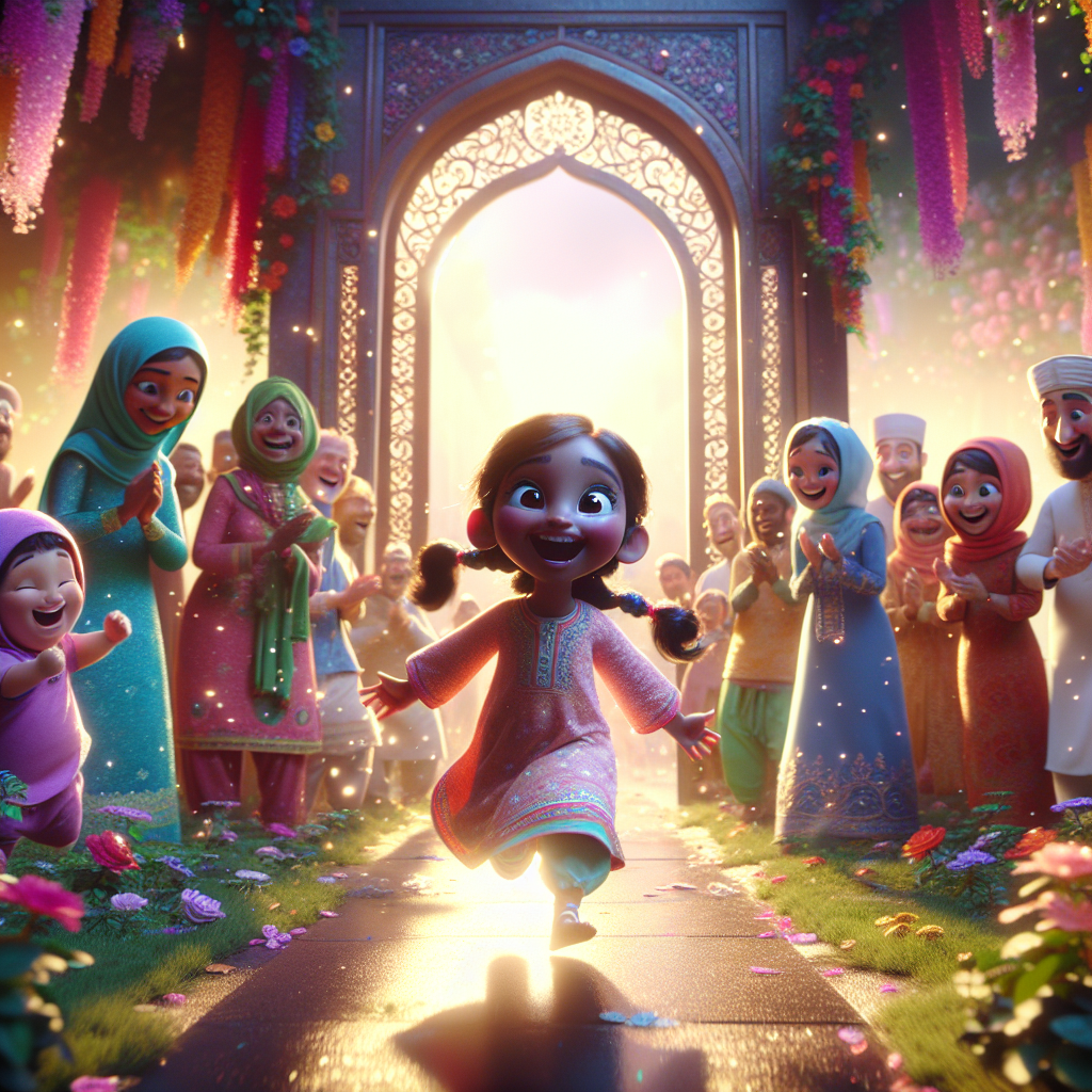 3D render, Pixar-style: Lila joyfully stepping through a shimmering portal wi…