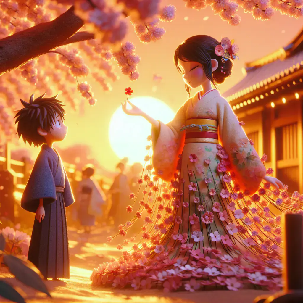 3D render, Pixar-style: Kaguya, with glowing skin in a gown of woven petals, …