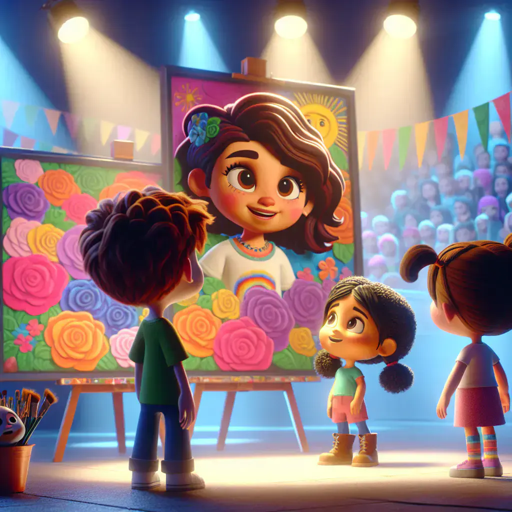3D render, Pixar-style: Clara standing next to her vibrant mural at the art s…