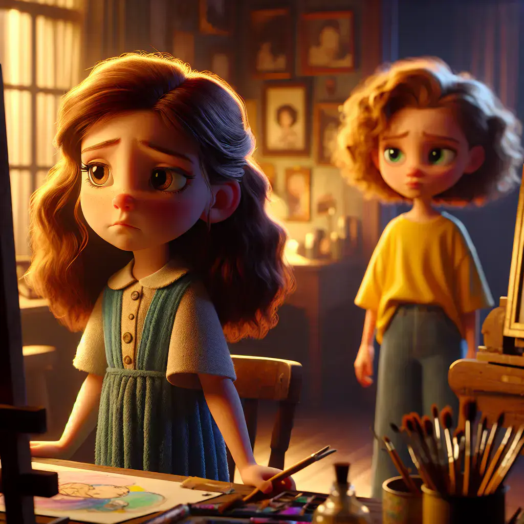 3D render, Pixar-style: Mira with her long wavy chestnut hair and blue dress,…