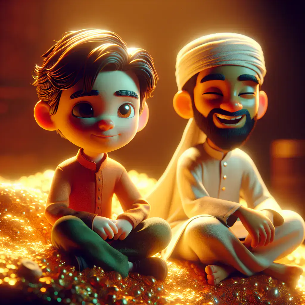 3D render, Pixar-style: Zara sitting on a pile of gold with a reflective expr…