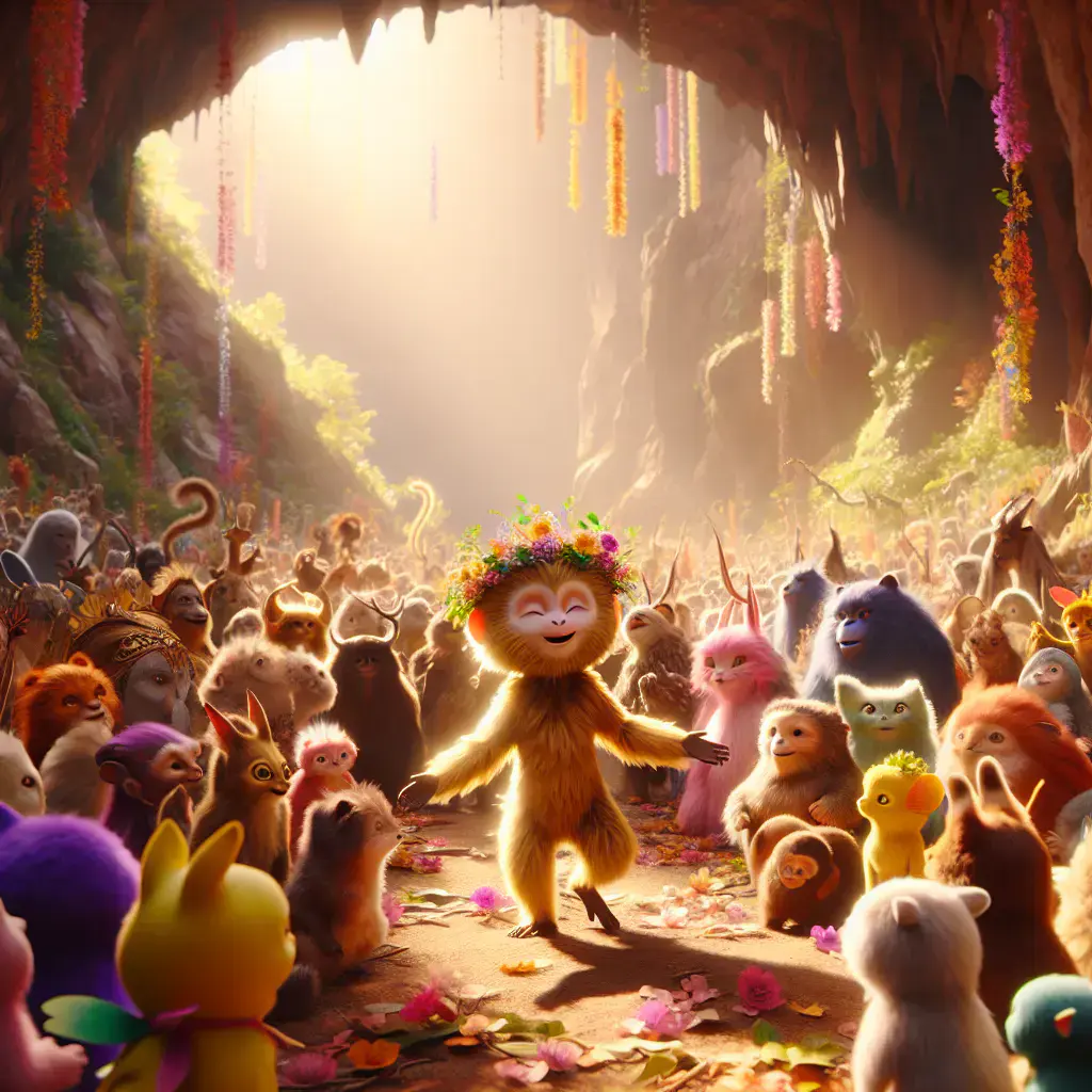 3D render, Pixar-style: Miko, the golden-furred monkey now with a crown of fl…