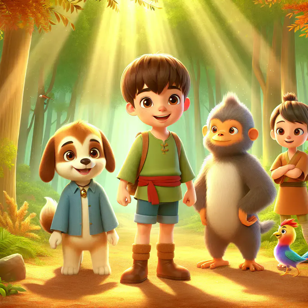 3D render, Pixar-style: Momotaro with short brown hair, cheerful dog with flo…