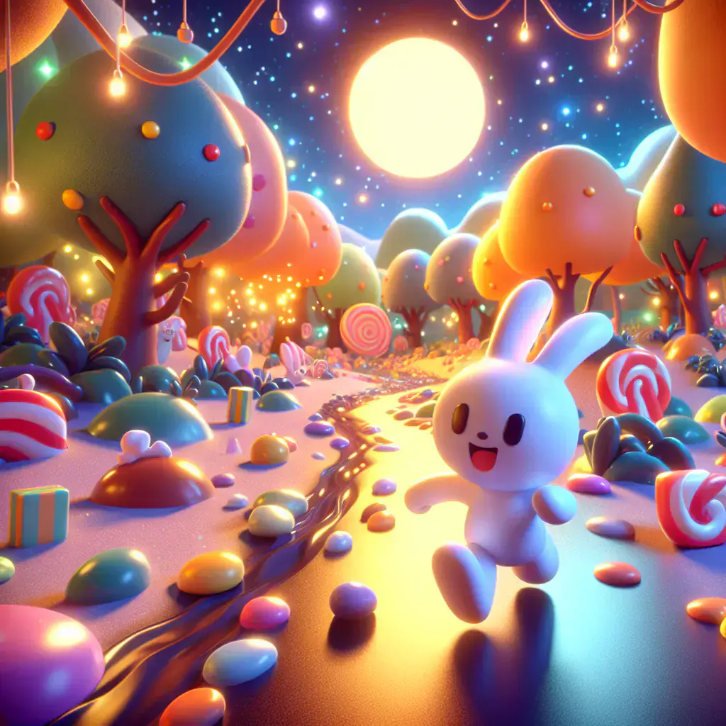 3D render, Pixar-style: Logic chasing a marshmallow bunny in a fantastical ga…