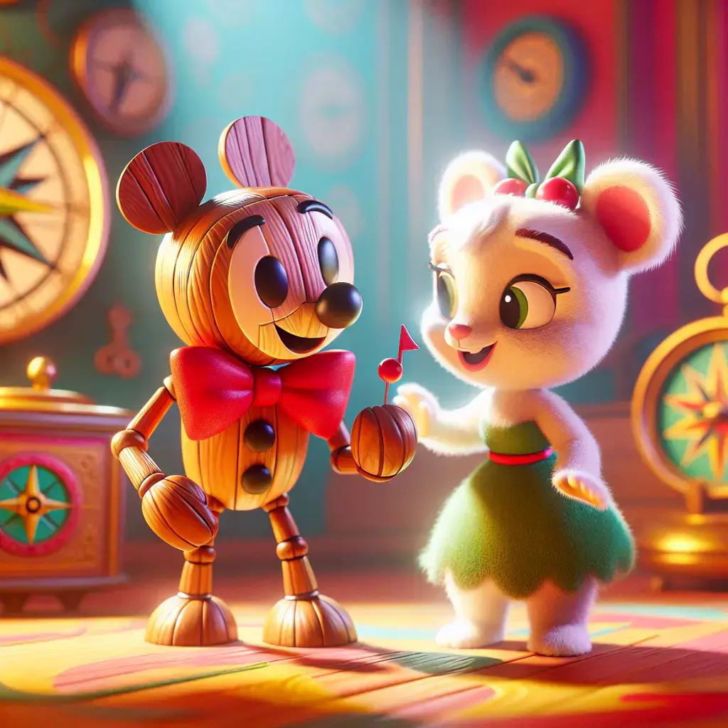 3D render, Pixar-style: Pinny with a wooden body and shiny red bow tie braggi…