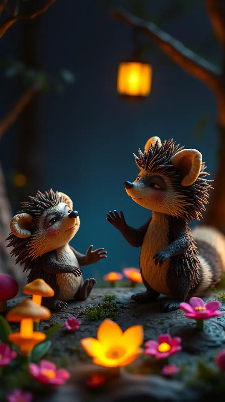 Zeytin, a young hedgehog with soft brown quills and expressive eyes, and her friend Tarcin, a young raccoon with a striped tail, young hedgehog with soft brown quills tracing a calm square shape in the air with one claw,